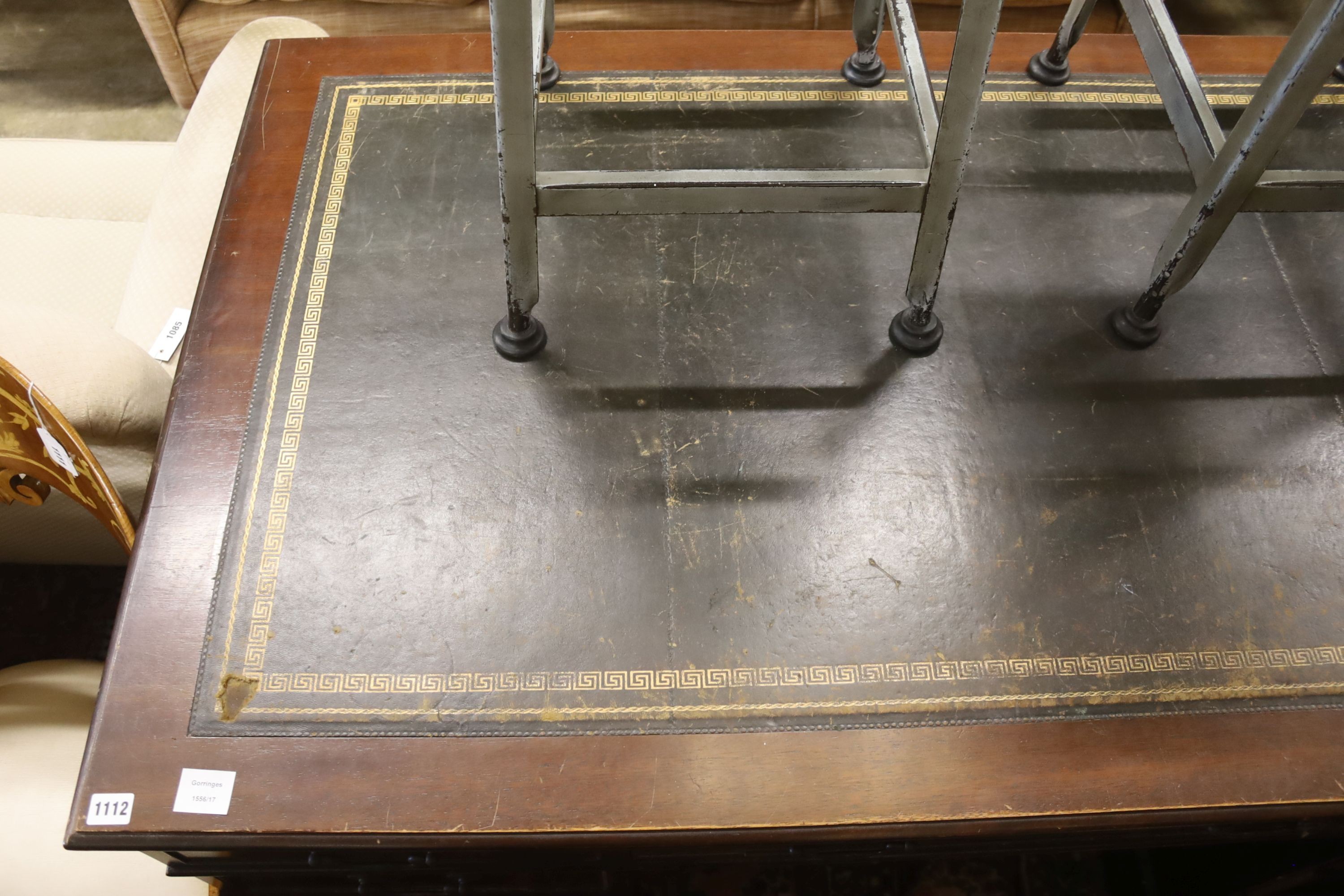 A George III style mahogany pedestal desk, length 152cm, depth 90cm, height 79cm